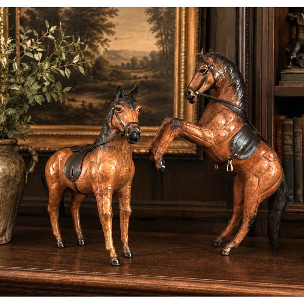 Vintage‎ Leather Wrapped Horse Figurines Pair Carved Wood Equestrian Decor